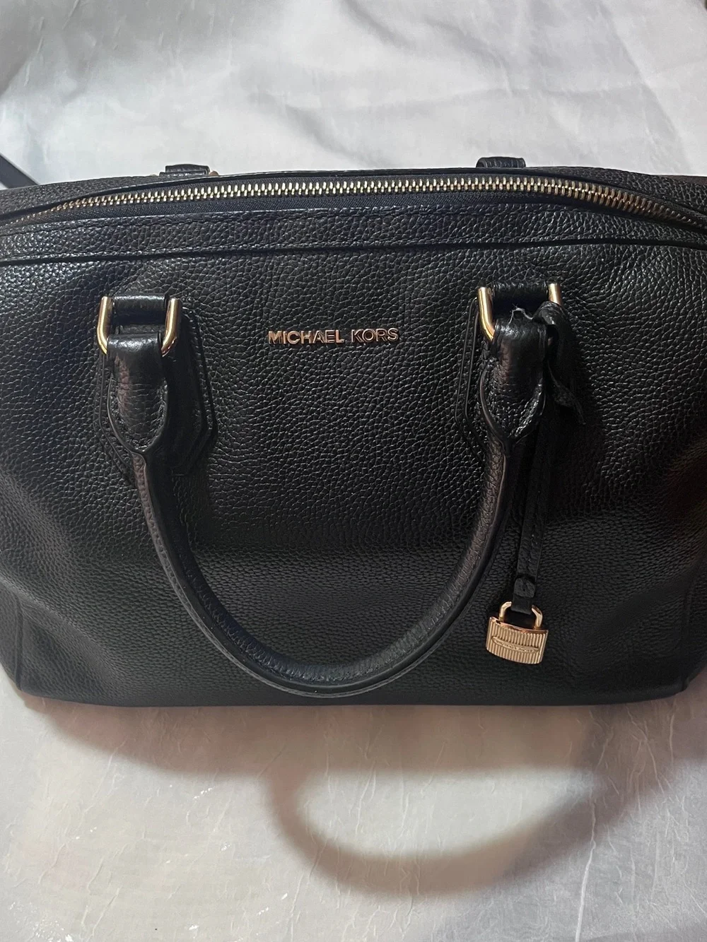 MICHAEL KORS Black Leather Satchel with Gold Hardware